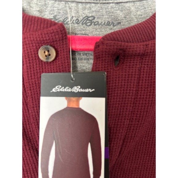 Eddie Bauer Mens Supersoft Thermal Henley Tawny Port Red Waffle Knit Shirt M NEW - Picture 2 of 8
